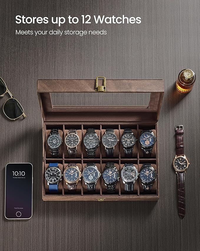 SONGMICS Watch Box, 12-Slot Watch Case Organizer with Large Glass Lid, Removable Pillows, Gift for Loved Ones, Coffee Brown Synthetic Leather, Coffee Brown Lining UJWB120KQ01S