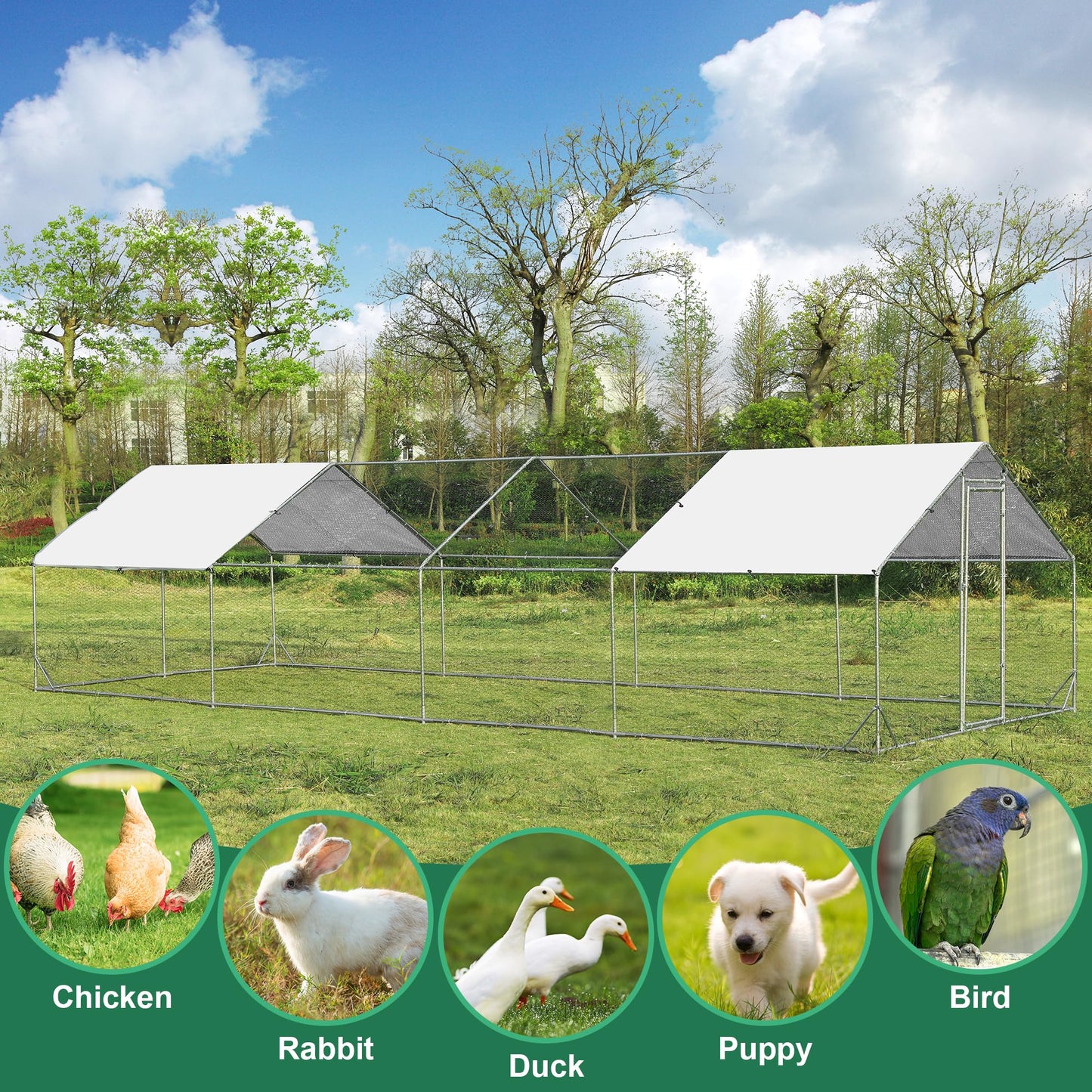 Large Metal Chicken Coop Round Top Upgrade Tri-Supporting Wire Mesh Chicken Run,Chicken Pen with Water-Resident and Anti-UV Cover,Duck Rabbit House Outdoor (Spire Roof 10’ W x 26.2’ L x 6.5’ H)