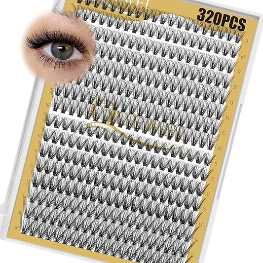 QUEWEL Lash Clusters 320Pcs Cluster Lashes 30D+40D D Curl Lash Cluster Eyelash Extensions Mix9-16mm Individual Eyelashes Clusters Wispy Lash Clusters Thin Band Soft to Use at Home(30D+40D D Mix9-16)