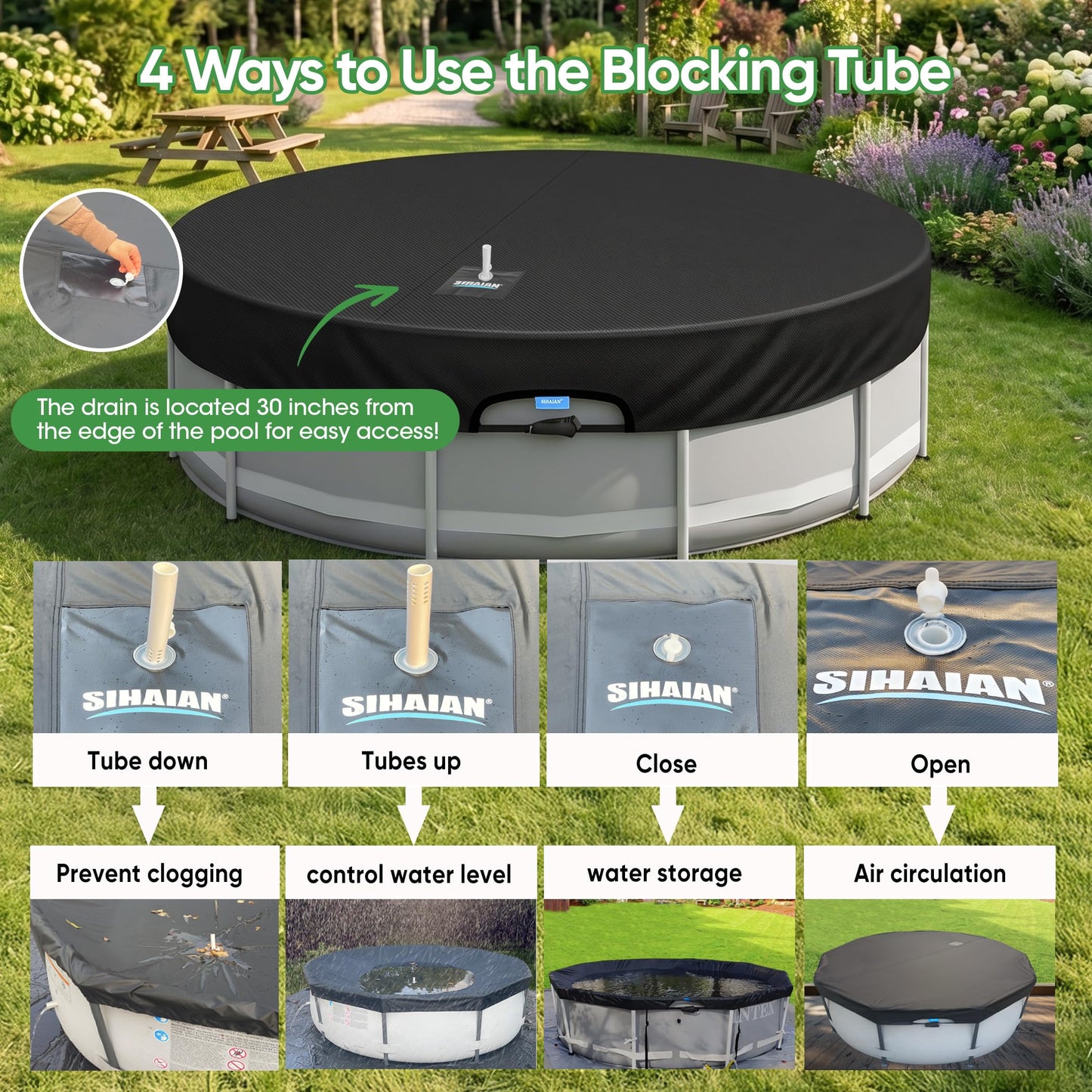 SIHAIAN 14 Ft Round Pool Cover, with Automatic Drain Pool Cover, Patented One-Piece Tensioning System Above Ground Pool Cover, Preventing Waterlogging, Yarn-Dyed Oxford Fabric Solar Pool Cover