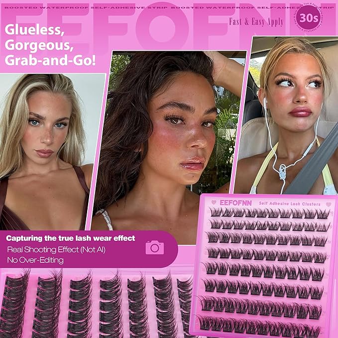 Self Adhesive Eyelashes Wispy Pre Glued Lashes Natural Self Adhesive Lash Clusters 10-16mm Press On Lashes DIY Eyelash Extension Kit No Glue Needed Spider Cluster Lashes with Tweezers by Eefofnn