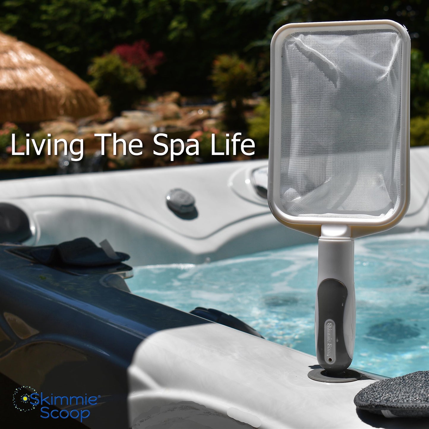The Skimmie Scoop - Patented Handheld Skimmer with Fine Mesh Net for Spa, Hot Tub, Cold Plunge and Small Pool Cleaning - Lightweight and Durable with Powerful Suction Cup - Clean Out Filter (White)