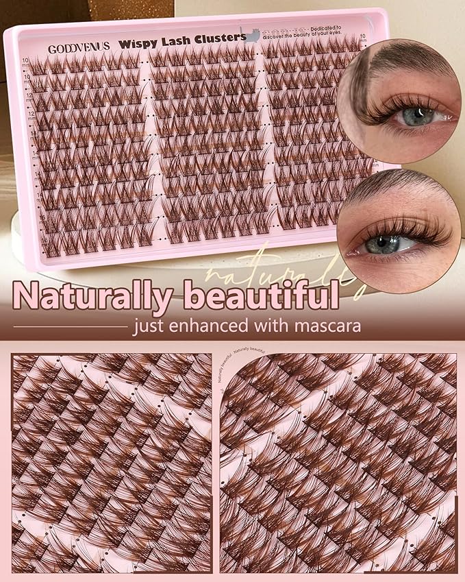 Goddvenus Brown Wispy Eye Lash Clusters Kit Natural Cluster Eyelash Extensions Kit False Eyelash Clusters Fluffy DIY Individual Lash Extensions Kit C Curl