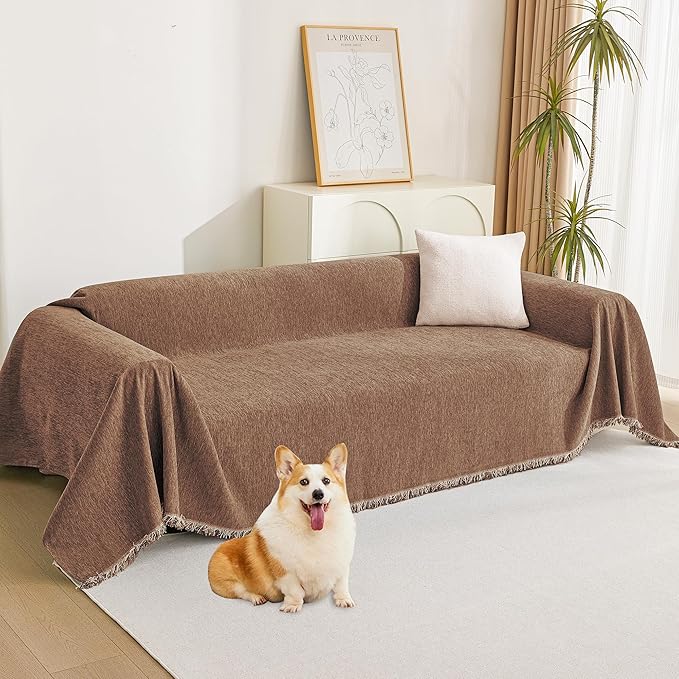 MYSKY HOME Couch Covers for 3 Cushion Couch Sofa, Sectional Couch Cover L Shape Chenille Couch Cushion Covers for Pets, Furniture Protector Cover for Dogs, Kids, 91"X150", Camel