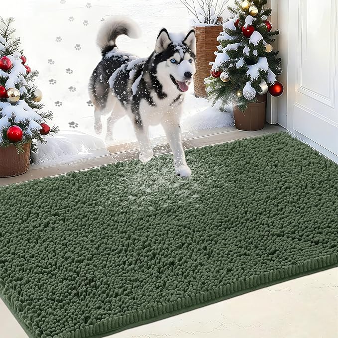 IM HOME Chenille Absorbent Outdoor Doormat 48" x 30", Washable Muddy Door Mats for Dog Non Slip Indoor Doormat Dog Mat for Muddy Paw Front Inside Doormats for Entryway Olive