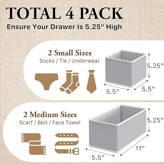 Simple Houseware Underwear Drawer Organizer for Sock/Bra/Undergarment/Panty/Onesie, Collapsible, Set of 4, Gray