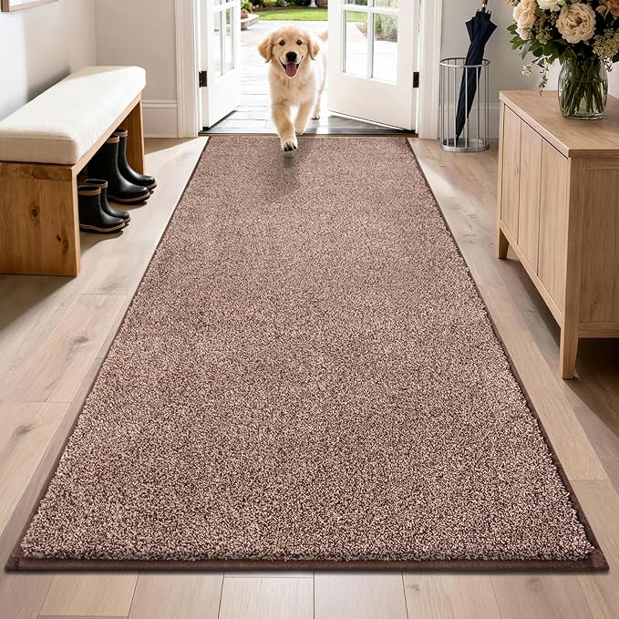 PURRUGS Dirt Trapping Door Mat 31.5" x 70", Non-Slip Machine Washable Entryway Rug, Dog Doormat, Indoor Front Door Mat, Super Absorbent Entry Rug for Muddy Shoes & Paws, Brown-Light Cream