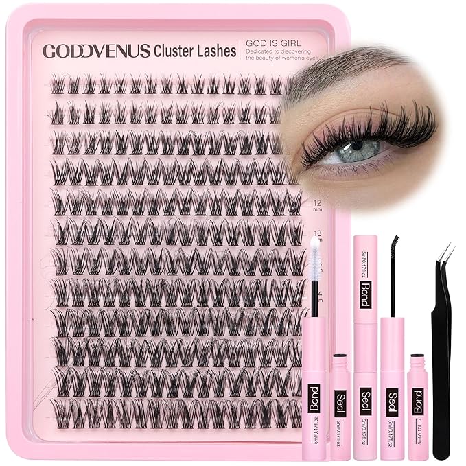 Goddvenus Lash Clusters Kit Wispy Lash Extension Kit Waterproof Lashes Clusters DIY Eyelash Clusters Kit with Natural Individual Eyelashes, Lashes Glue Bond and Seal and Lash Tweezers (D Curl 192pcs)