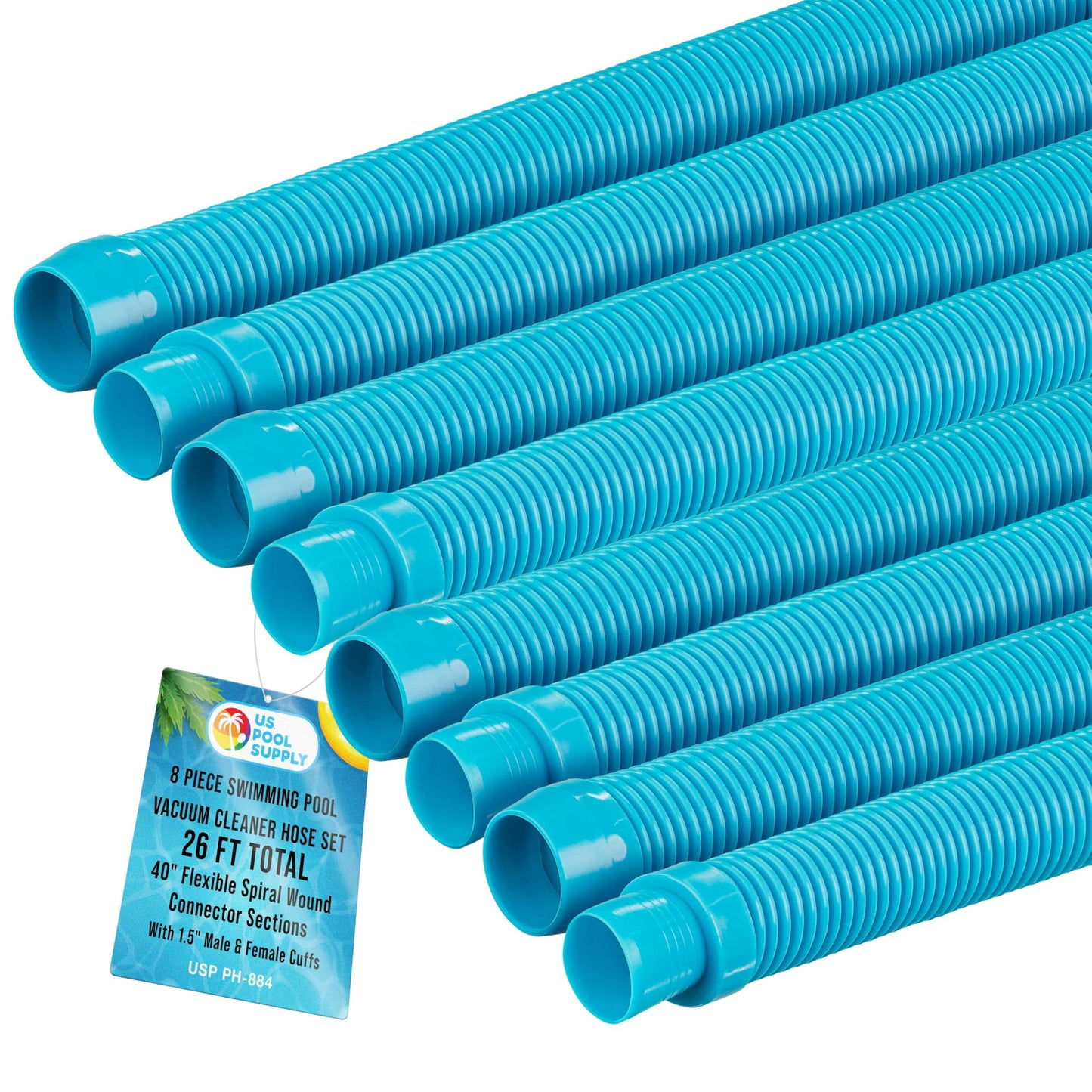U.S. Pool Supply Pool Vacuum Hose, 8 Piece Pool Hose Set - 40" Teal Flexible Spiral Wound Connector Sections with 1.5" Male & Female Cuff Ends, Replacement Fits Most Inground Automatic Cleaner Brands
