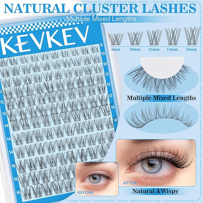 Wispy Lash Clusters Kit Venus Invisible Thin Band Natural Eyelash Clusters 8-16mm Lash Extension Kit Mix Length Clear Band Natural Look Cluster Eyelash Extensions With Lash Bond DIY Lash At Home