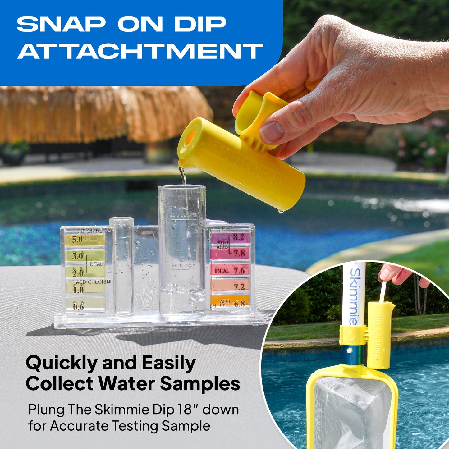 The Skimmie (Long Version) Pool Skimmer Net & Pole 53" with Stainless Steel Hook, Two Skimmer Basket Handles, Fine Mesh Net & Skimmie Dip - Hands-Free Removal of Debris, Bugs, Frogs, Small, Animals