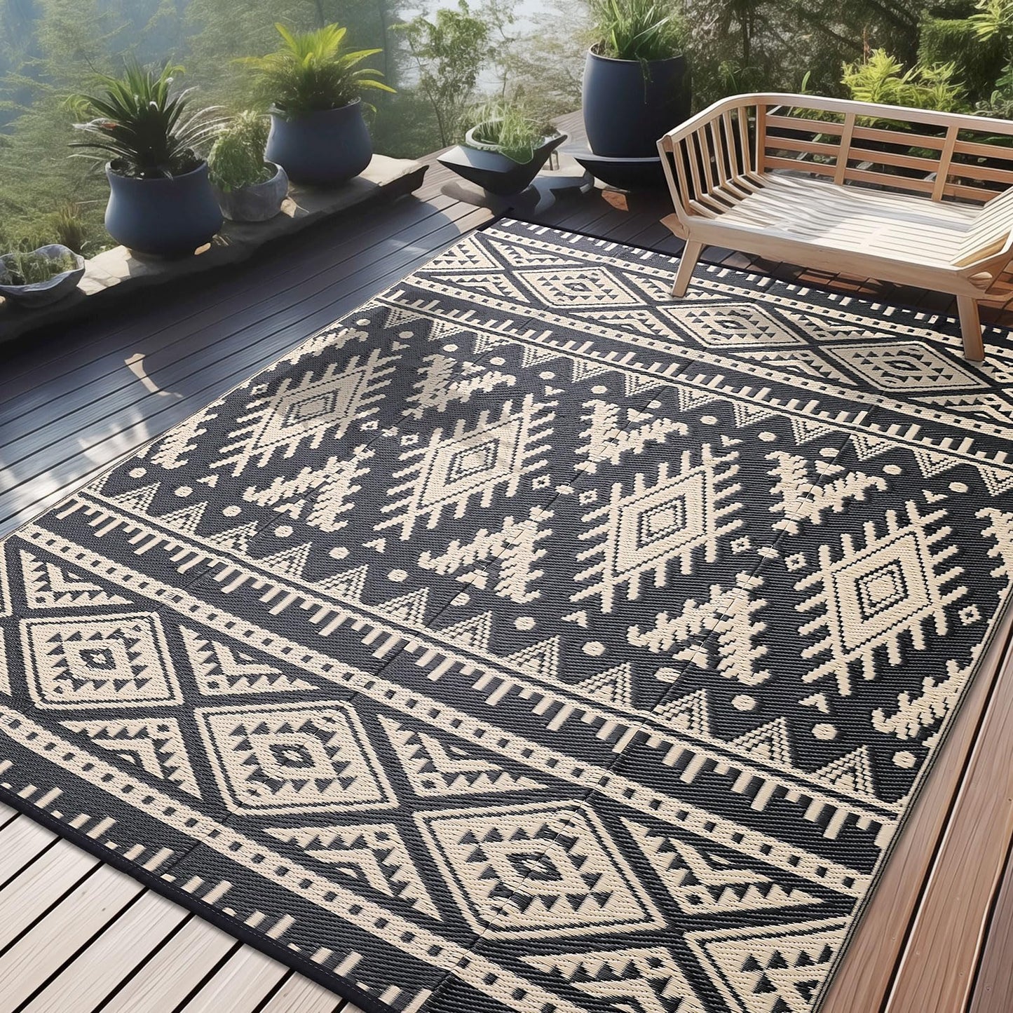 OLANLY Outdoor Rug Waterproof 8x10 ft, Reversible Outdoor Plastic Straw Rug, Boho Patio Rug, Indoor Outdoor Carpet, RV Mat Outside for Patio, Camp, Picnic, Balcony, Deck, Backyard, Black & Beige