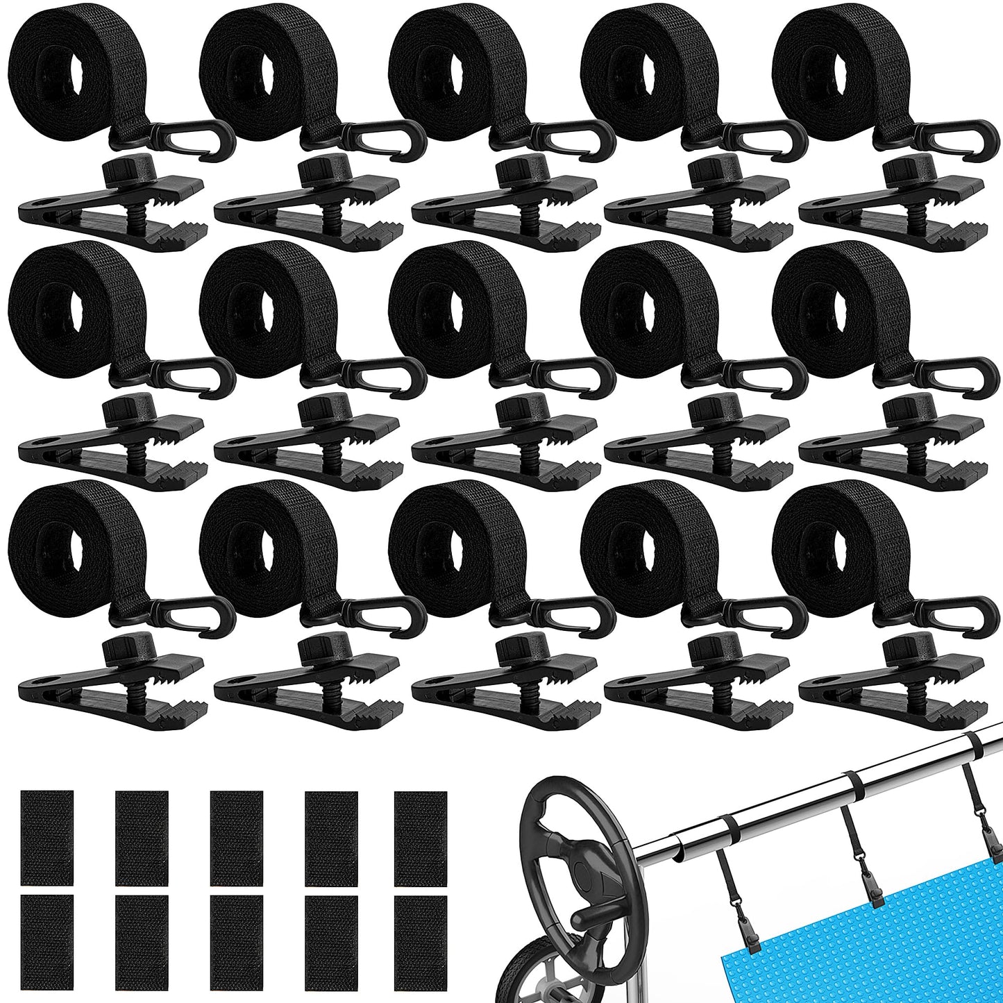 codree 36 Pcs Pool Solar Cover Reel Attachment Kit, Inground Swimming Pool Solar Cover Straps and Clips, Solar Blanket Strap Kit Including 12 Straps with Hooks, 12 Clips and 12 Touch Fastener (Black)
