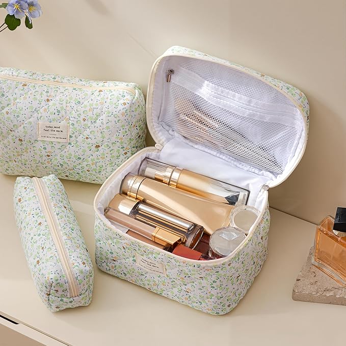 HBselect Quilted Makeup Bag, 3PCS Cotton Large Travel Makeup Bag, Cute Floral Coquette Make up Bag Cosmetic Bag Toiletry Bag for Women Girls