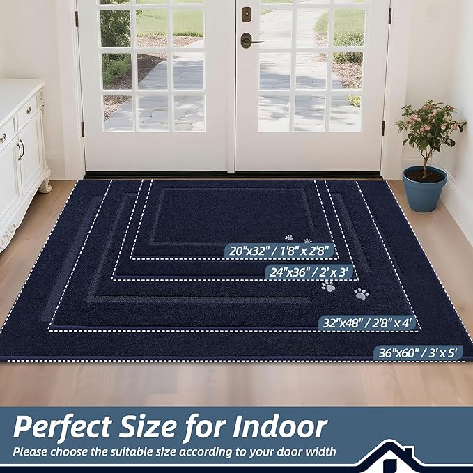 BEQHAUSE Dog Door Mat for Mud Paws Dirt Trapper Doormat Non-Slip Entryway Rugs Absorbent Welcome Mat Washable Indoor Floor Mat Low-Profile for Front Door, 36" x 60", Navy Blue