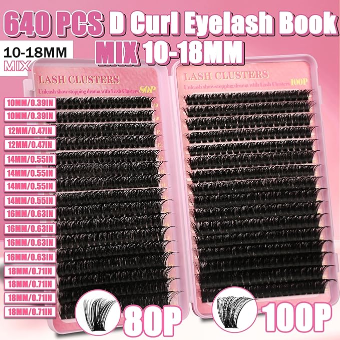 Lash Extension Kit Lash Clusters Kit 640Pcs Volume Eyelash Clusters C Curl Lashes Clusters DIY Cluster Eyelash Extensions With Lash Bond and Seal Lash Tweezers