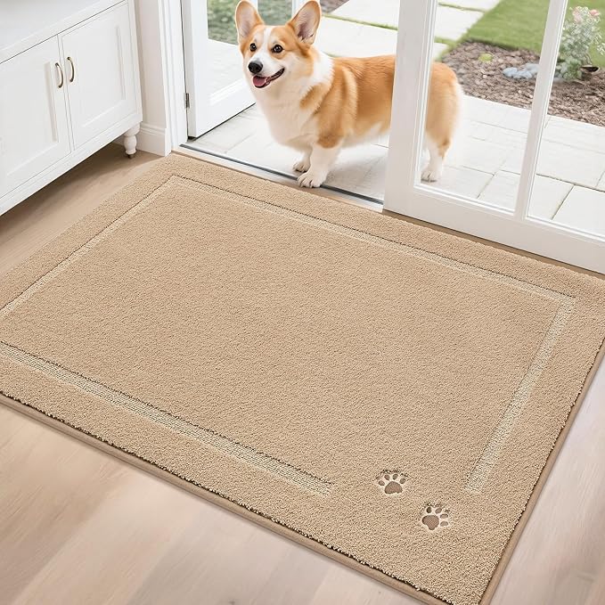 BEQHAUSE Dog Door Mat for Mud Paws Dirt Trapper Doormat Non-Slip Entryway Rugs Absorbent Welcome Mat Washable Indoor Floor Mat Low-Profile for Front Door, 32" x 48", Beige