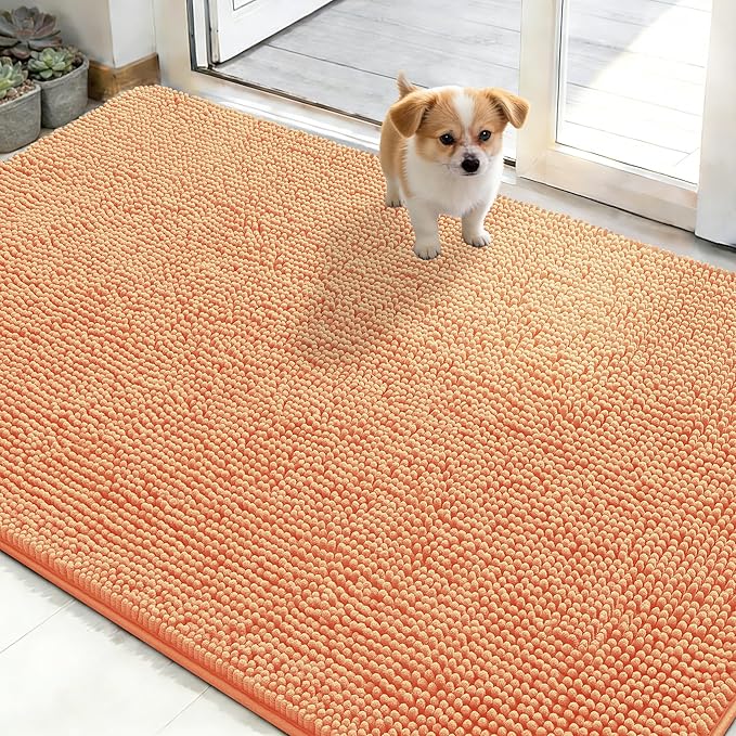 OLANLY Dog Door Mat for Muddy Paws 50x30, Absorbs Moisture and Dirt, Absorbent Non-Slip Washable Doormat, Quick Dry Chenille Mud Mat for Dogs, Entry Indoor Entryway Carpet for Inside Floor, Orange
