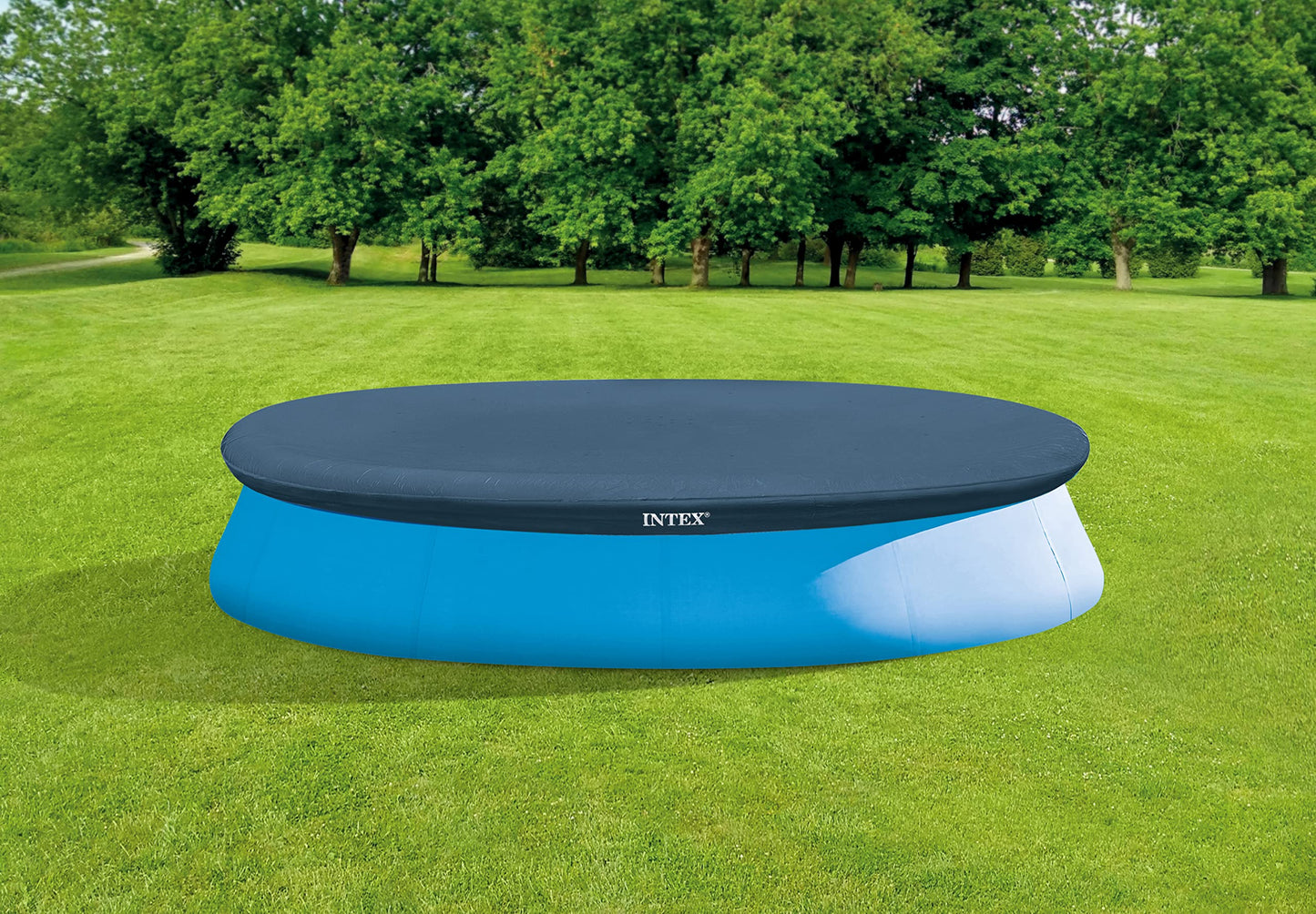 INTEX 28022E Pool Cover: For 12ft Round Easy Set Pools – Includes Rope Tie – Drain Holes – 12in Overhang – Snug Fit