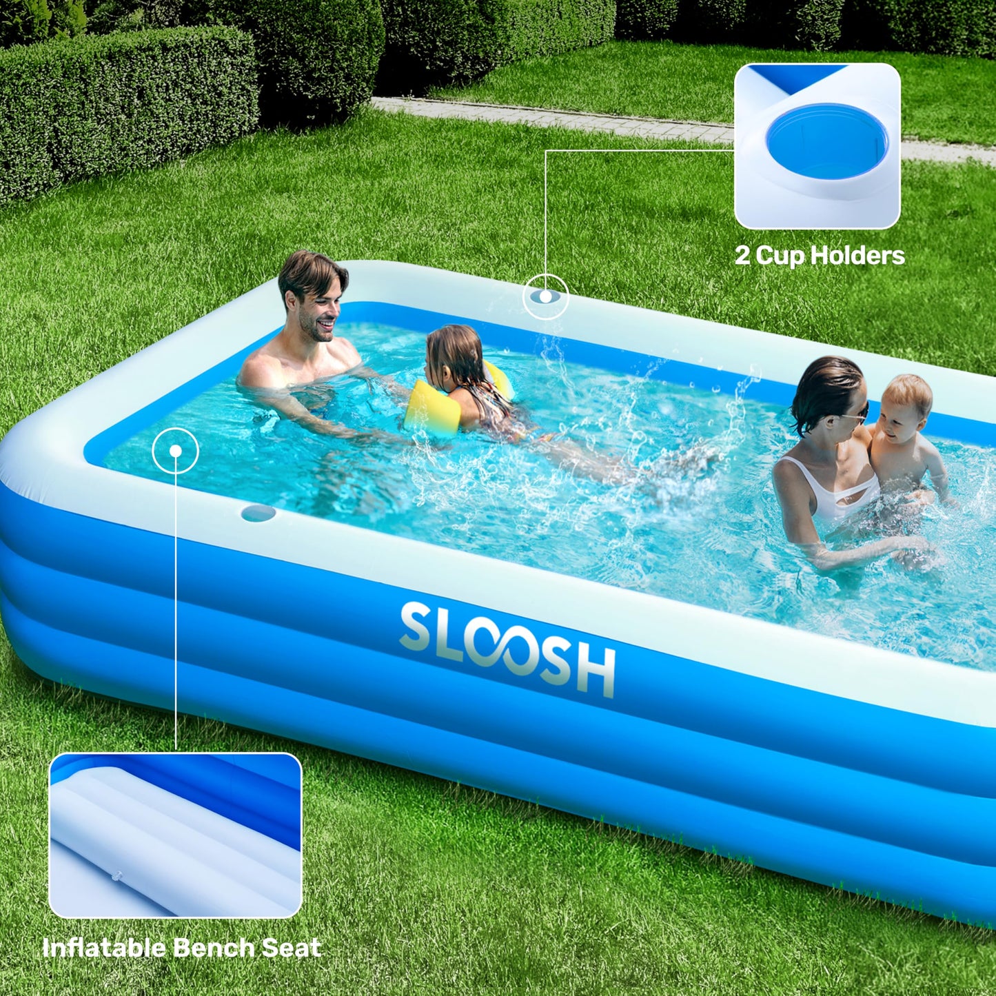 SLOOSH Inflatable Pool for Adults with Seats, 120" x 72" x 22" Full-Sized Blow Up Durable Thickened Above Ground Family Pool, Large Swimming Pools for Backyard Garden Lawn Summer Water Party, Blue