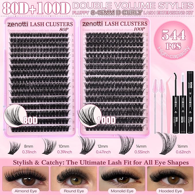 Lash Clusters Kit Fluffy 80D 100D Eyelash Clusters Kit 544PCS Wispy Cluster Eyelash Extensions D Curly Individual Lashes 8-16mm Soft Band DIY at Home with Lash Bond&Seal Tweezers Brush by zenotti