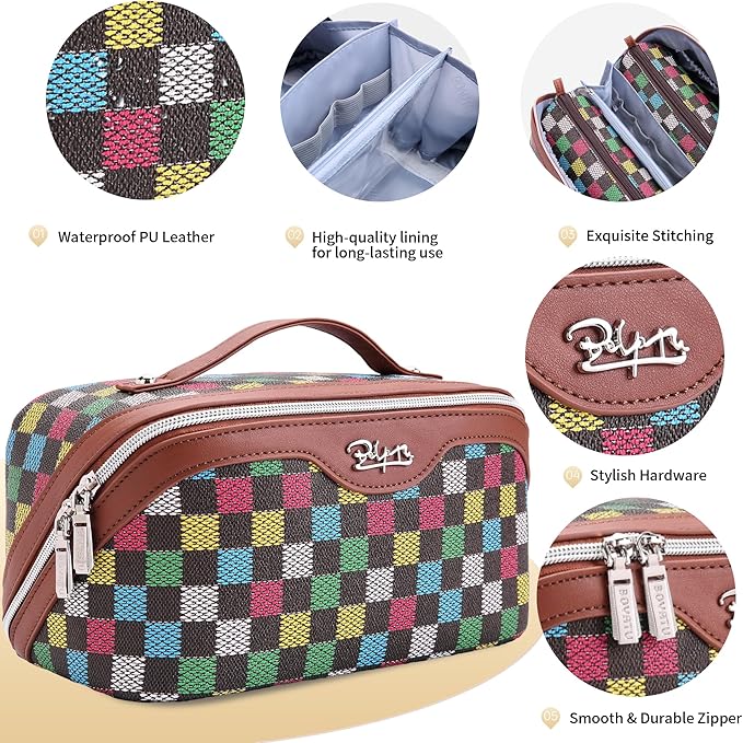 BOYATU Travel Makeup Bag Organizer Cosmetic Bag: 3 Pcs Set Make up Bags for Women with Handle - Waterproof Vegan Leather Toiletry Bag (01-H-Brown)