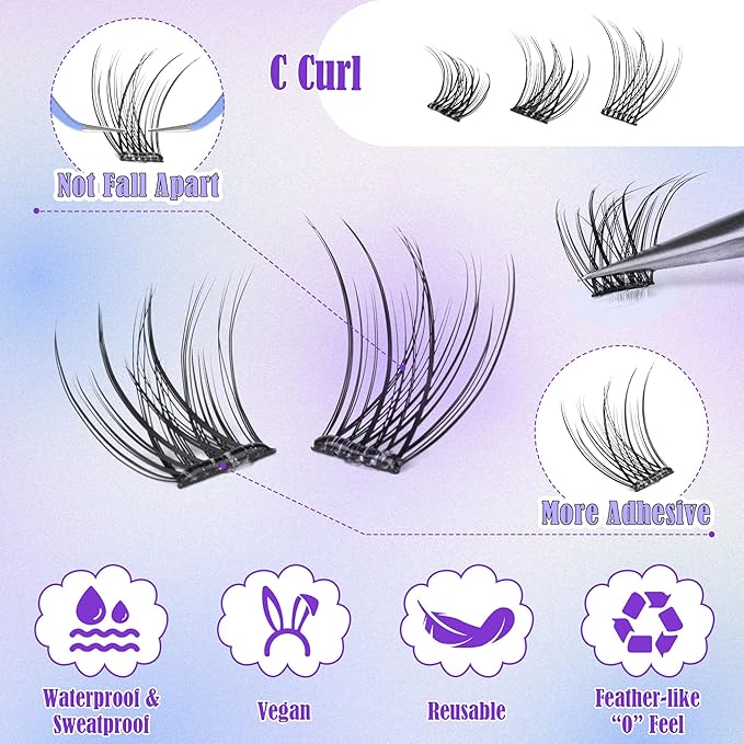Self Adhesive Eyelashes Reusable Natural Self Adhesive Lash Clusters Wispy Press on Lashes Pre-Glue 8-12mm 120pcs C Curl DIY Eyelash Extensions Kit No Glue Needed by ALICE