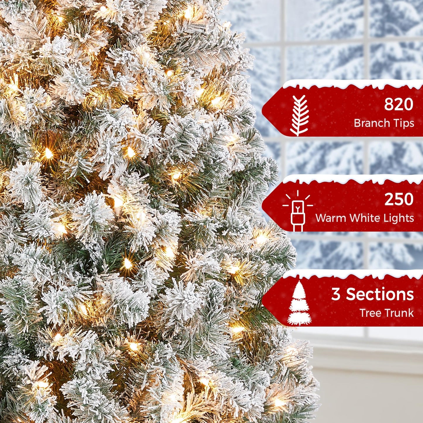 Yaheetech 6ft Pre-lit Artificial Christmas Tree with Incandescent Warm White Lights, Snow Flocked Full Prelighted Xmas Tree W/820 Branch Tips, 250 Incandescent Lights & Foldable Stand, Green & White