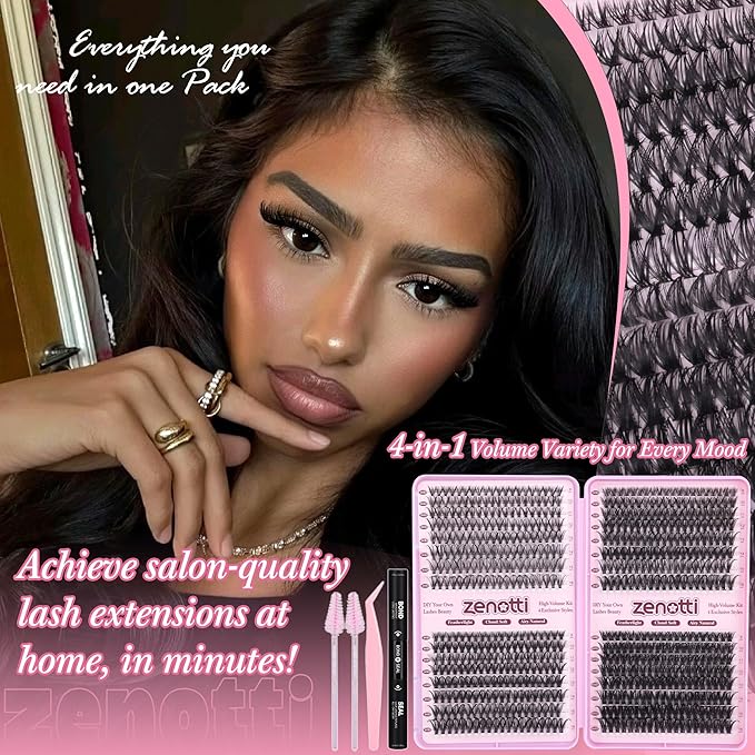 Lash Clusters Kit, 640PCS Natural Eyelash Clusters Kit 30D 40D 50D 60D Wispy Cluster Eyelash Extensions 9-16mm Daily Look Individual Lashes Soft Band with Lash Bond & Seal Tweezers Brush by zenotti