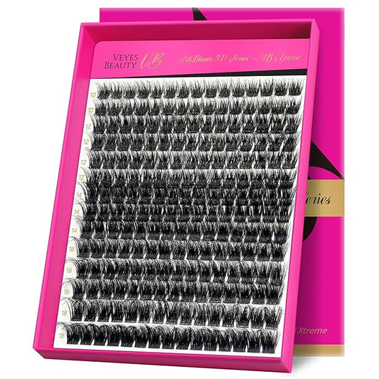 VEYESBEAUTY Lash Clusters Fluffy Individual Lash Extensions Xtreme 3D Layered Volume Eyelashes Thin & Invisible Band Wispy Spider Faux Mink Lash Silk Bloom 3D Series Mixed Length 10-18mm