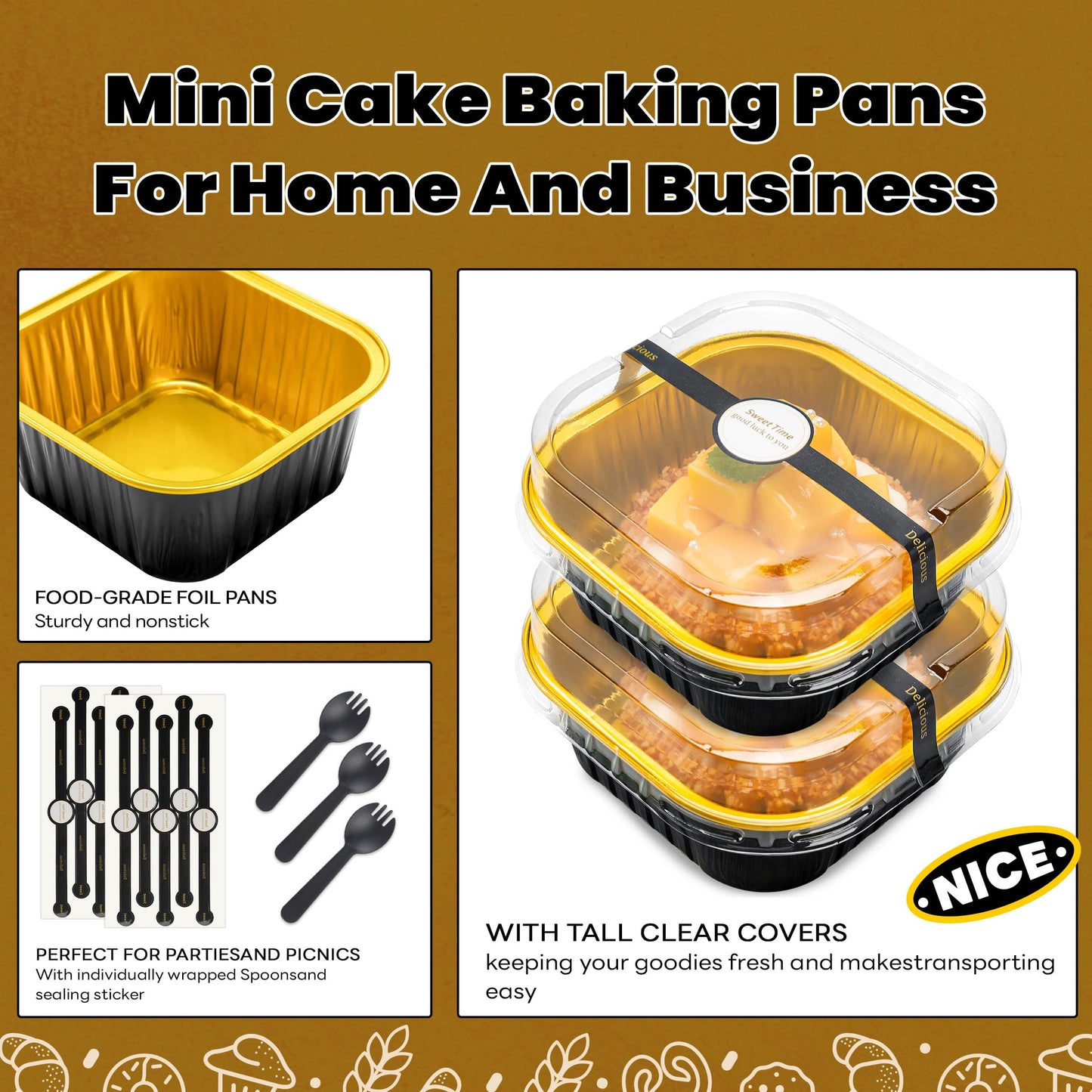 NPLUX 50 Pcs Mini Square Baking Cups with Lids and Spoons Aluminum Foil Mini Cake Pans with Lids Disposable Ramekins Cake Pans Dessert Cups for Wedding Birthday Party(Black Gold,5oz)