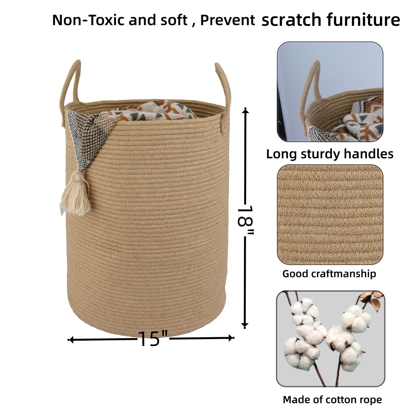 XUANGUO Cotton Rope Laundry Basket Hamper for Clothes Woven Storage Basket for Living Room Bedroom Boho Tall Rope Baskets for Blanket Toys Pillow Towels Baby Nursery Hamper Bin Large jute