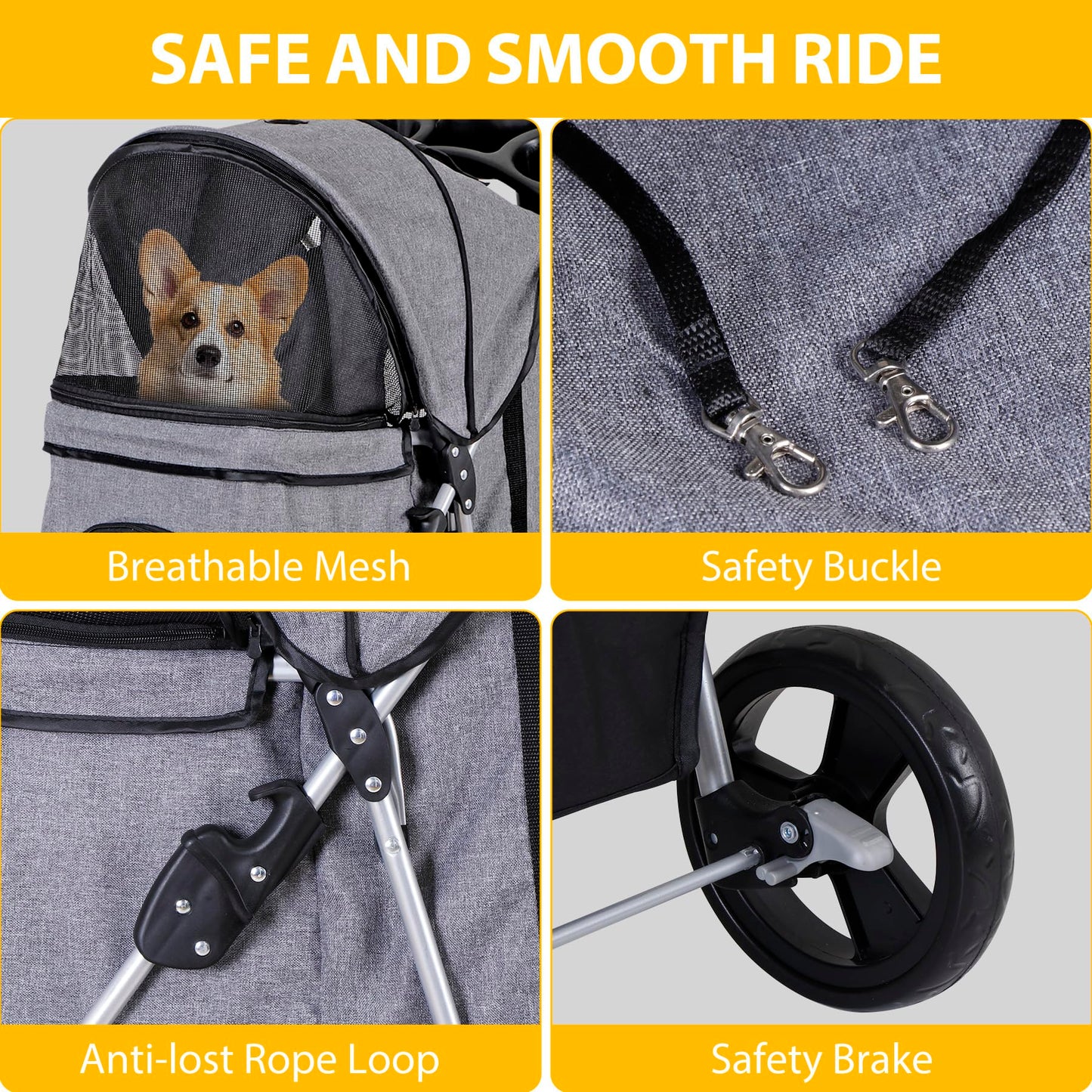 Epetlover 4 Wheels Dog Stroller Folding Pet Strolling Cart for Small Medium Cats Puppies Portable Jogger Travel Camping Puppy Carrier with Storage Basket Cup Holder, Gray