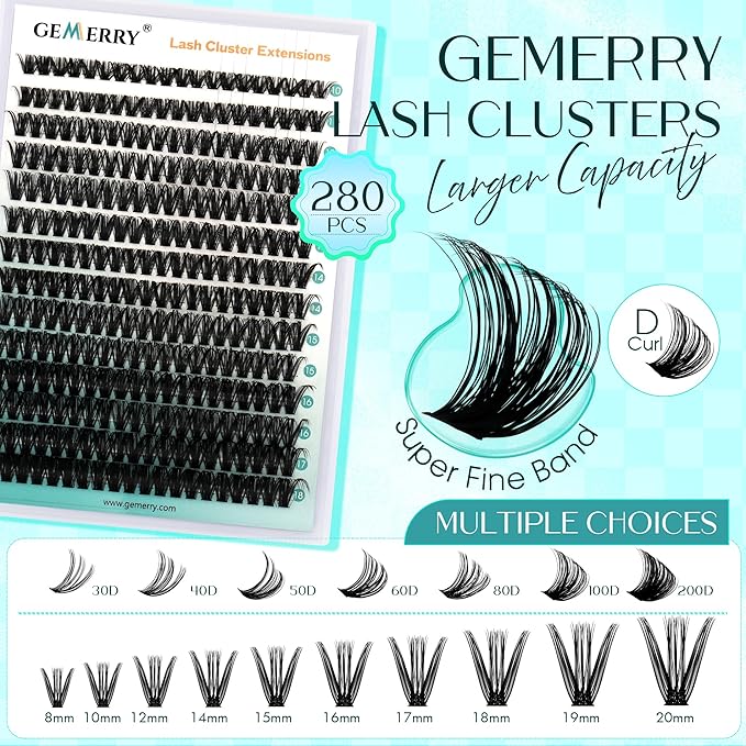 Lash Clusters Fluffy Cluster Lashes Extensions Thick 280pcs D Curl Eyelash Clusters DIY At Home Individual Lashes Extension by GEMERRY（60P-10-18mm)