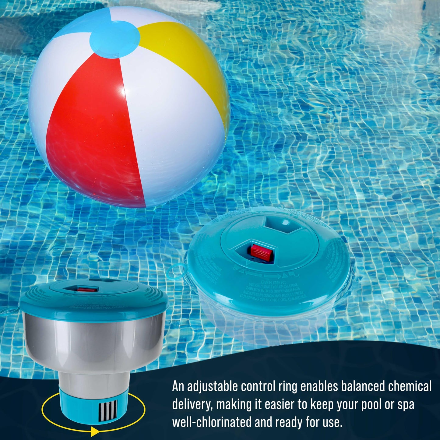 U.S. Pool Supply Pool Chlorine Floater Dispenser with Lid Lock - Large 7" Floating Chlorinator, Holds 3 Tablets - Inground & Above Ground Swimming Pools - Adjustable Flow, Balanced Chemical Delivery
