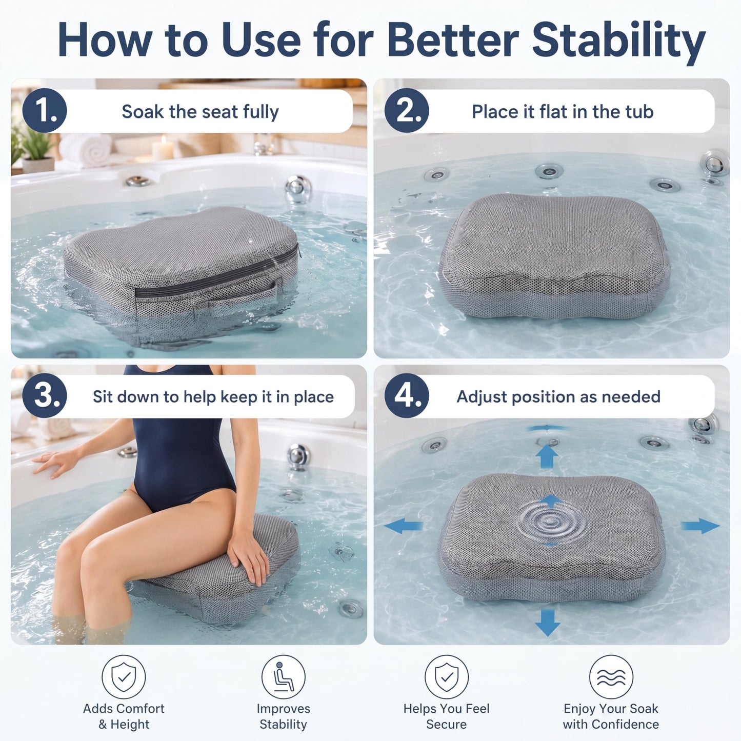 Yerliker 2 Pcs Foldable Hot Tub Booster Seat for Adults Adjustable 2 Heights up to 6.3", Weighted Booster Seat 3D Air Mesh Hot Tub Accessories Quick Dry Micro Dot Non Slip for Spa Bathtub Pool (Gray)