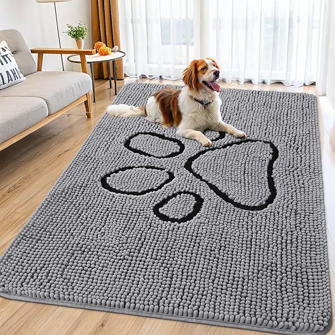 Smiry Dog Door Mat for Muddy Paws, Absorbent Dirt Trapper Non Slip Quick Dry Washable Chenille Mat for Mud Dogs, Entry Rug for Indoor and Outdoor (70x35 Inches, Grey and Black)
