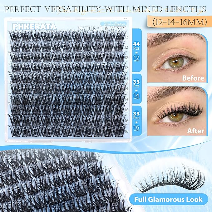 PHKERATA Wispy Lash Clusters 12-14-16mm Natural Cluster Eyelash Extensions DIY Eyelash Clusters for Soft & Fluttery Look, Ultra-Thin Band Individual Lashes Clusters, 110Pcs