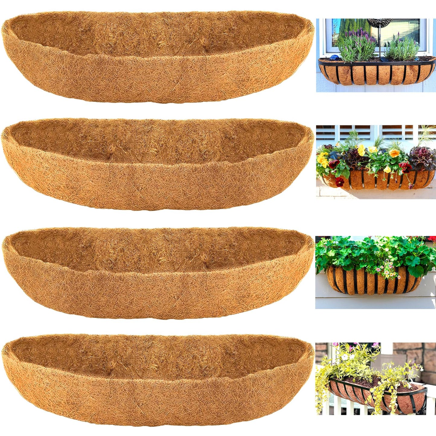 LCHUANG Coco Liners for Planters - 4 Pack 36 Inch Trough Coconut Liners for Planters, Window Box Coco Liners, 100% Natural Coconut Fiber Liners for Wall Hanging Basket, Window Box, Fence Baskets