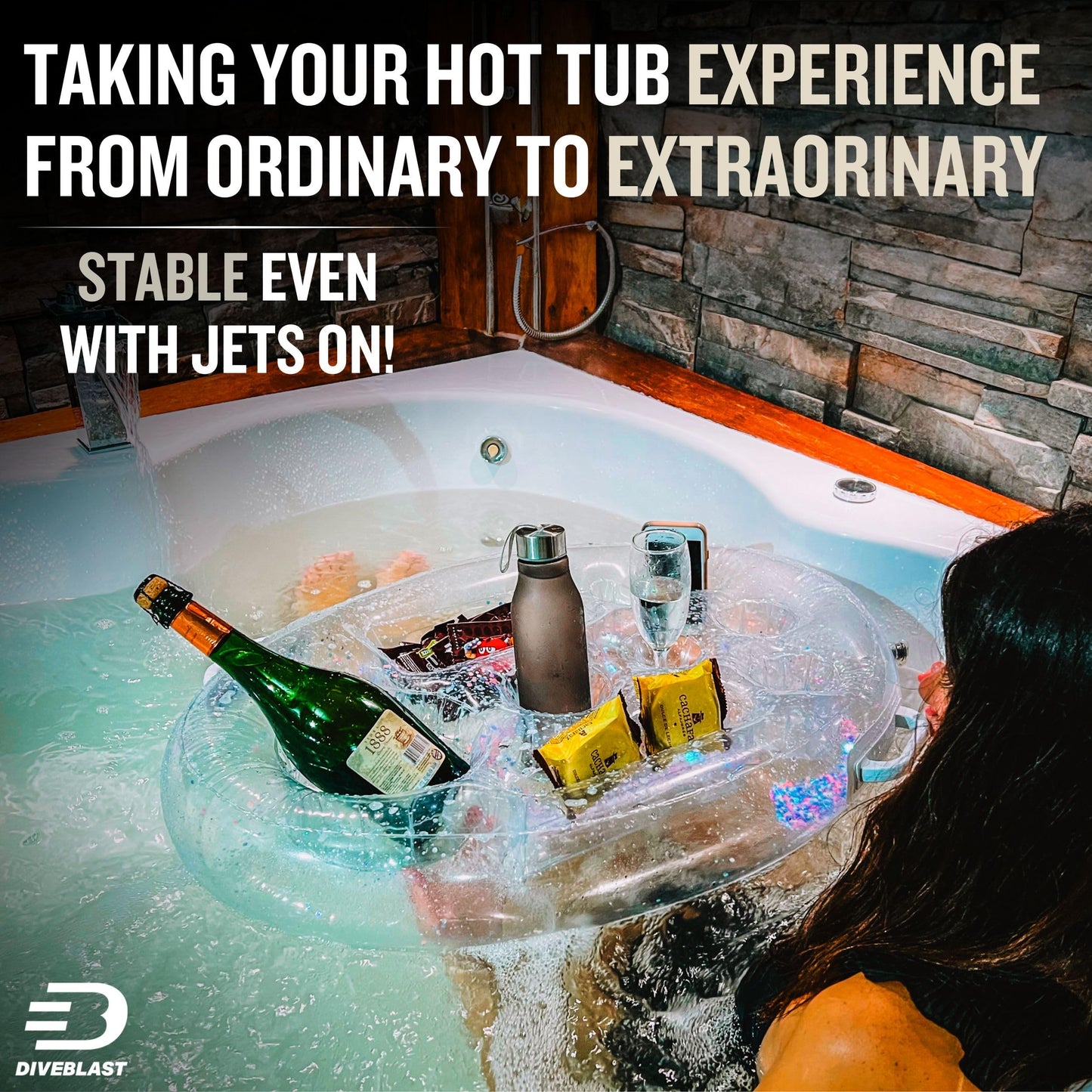 DIVEBLAST: Transparent Floating Drink Holder for Pool, Hot Tub Accessories for Adults - Holds Up to 50 LBS - Glitter Fun Swimming Pool Accessories for Adults, Cool and Unique Drink Floaties