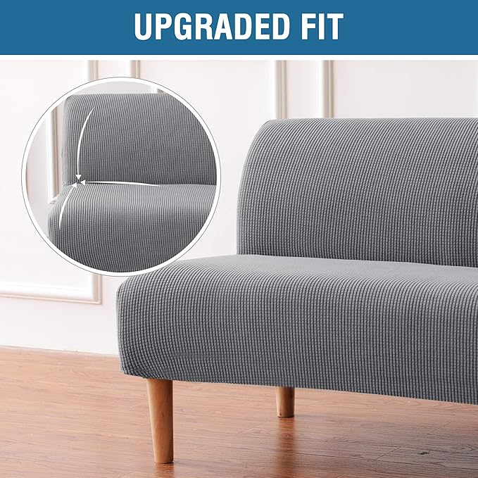 H.VERSAILTEX Armless Futon Cover Stretch Sofa Bed Slipcover Protector Elastic Feature Rich Textured High Spandex Small Checks Jacquard Fabric Futon Cover, Machine Washable, Dove