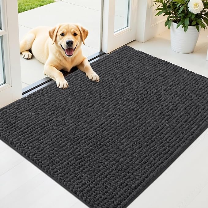 OLANLY Dog Door Mat for Muddy Paws 40x32, Ultra Absorbent Chenille Mud Doormat, Non-Slip Washable and Dirt Trapping Doormat for Indoor Entryway, Quick-Dry Indoor Pet Bed Mats for Dogs, Dark Grey