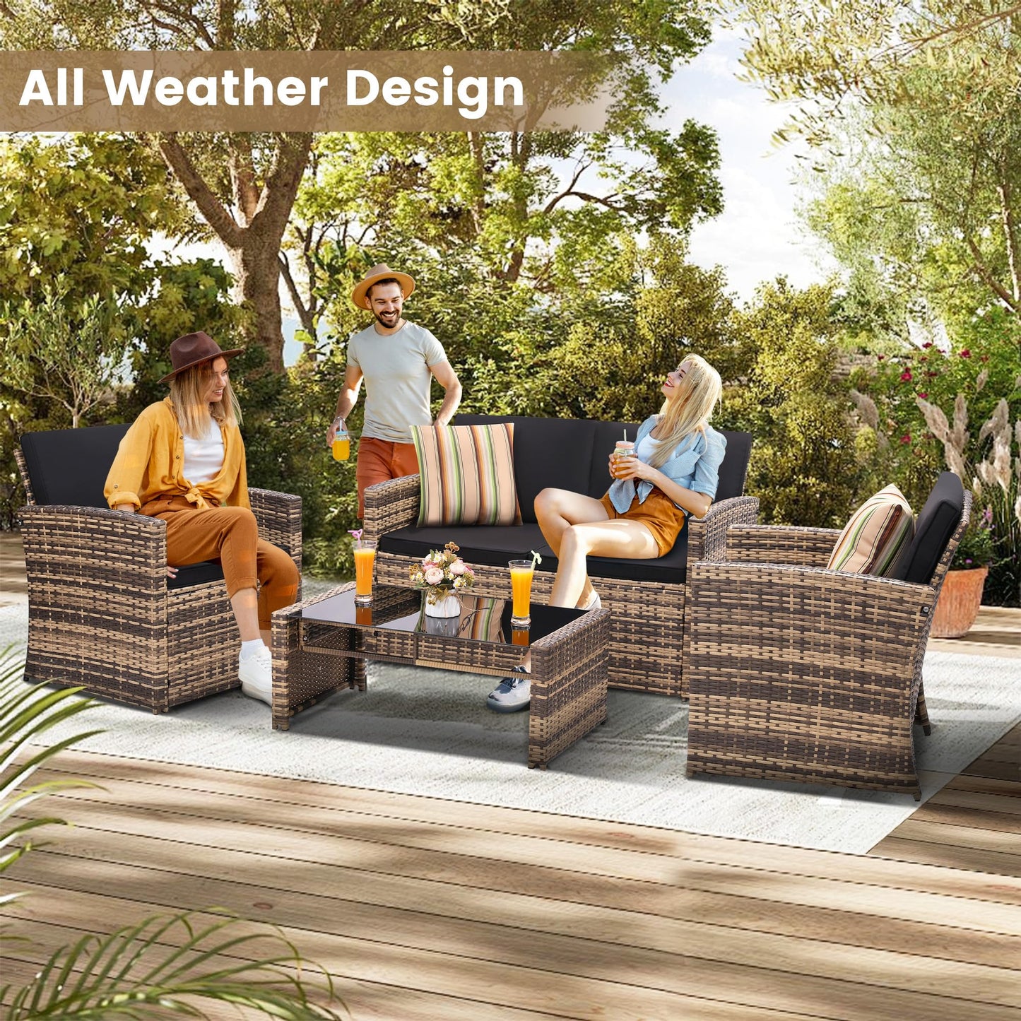 KROFEM 4-Piece Patio Furniture Set, Wicker Outdoor Rattan Sectional Sofa with Cushions and Glass Table, All-Weather Outdoor Conversation Set for Garden, Porch, Backyard, Patio, Black