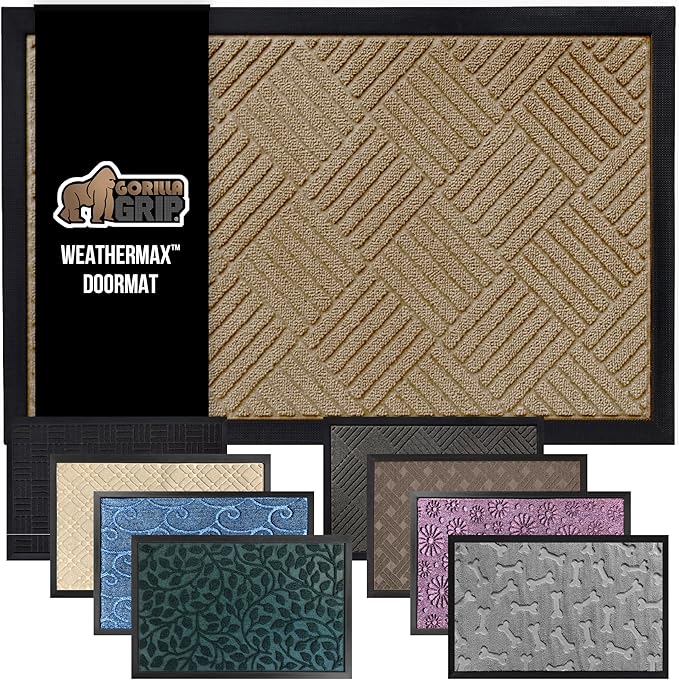 GORILLA GRIP 100% Waterproof All-Season WeatherMAX Doormat US Designed Natural Rubber, Stain and Fade Resistant, Low Profile Indoor Outdoor Door Mats, Easy Clean Patio Mat, 17x29, Beige Diamond