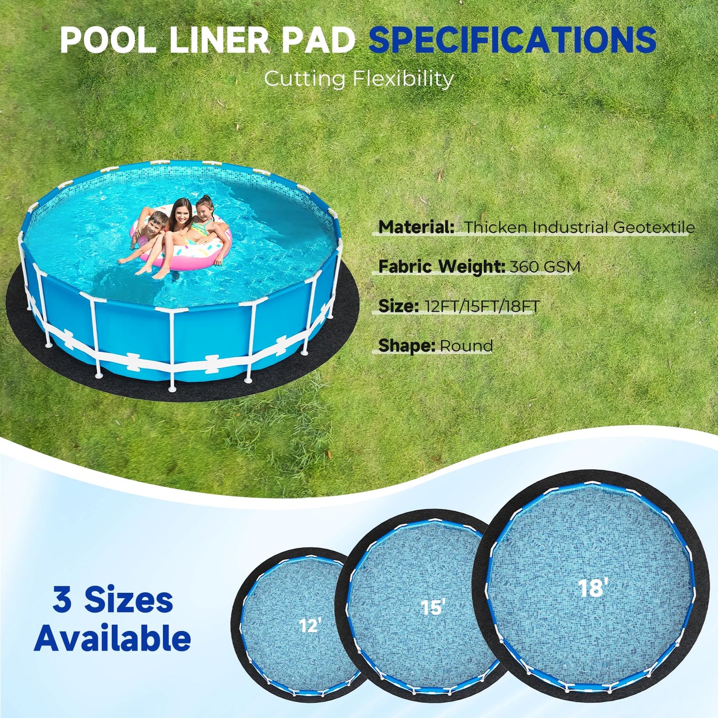 Uyittour 15Ft Round Pool Liner Pad for Above Ground Pools, 360G/M² Extra Thick Heavy Duty Under Pool Mat, Seamless Puncture Resistant Geotextile Fabric Ground Padding, Extends Liner Life, Black