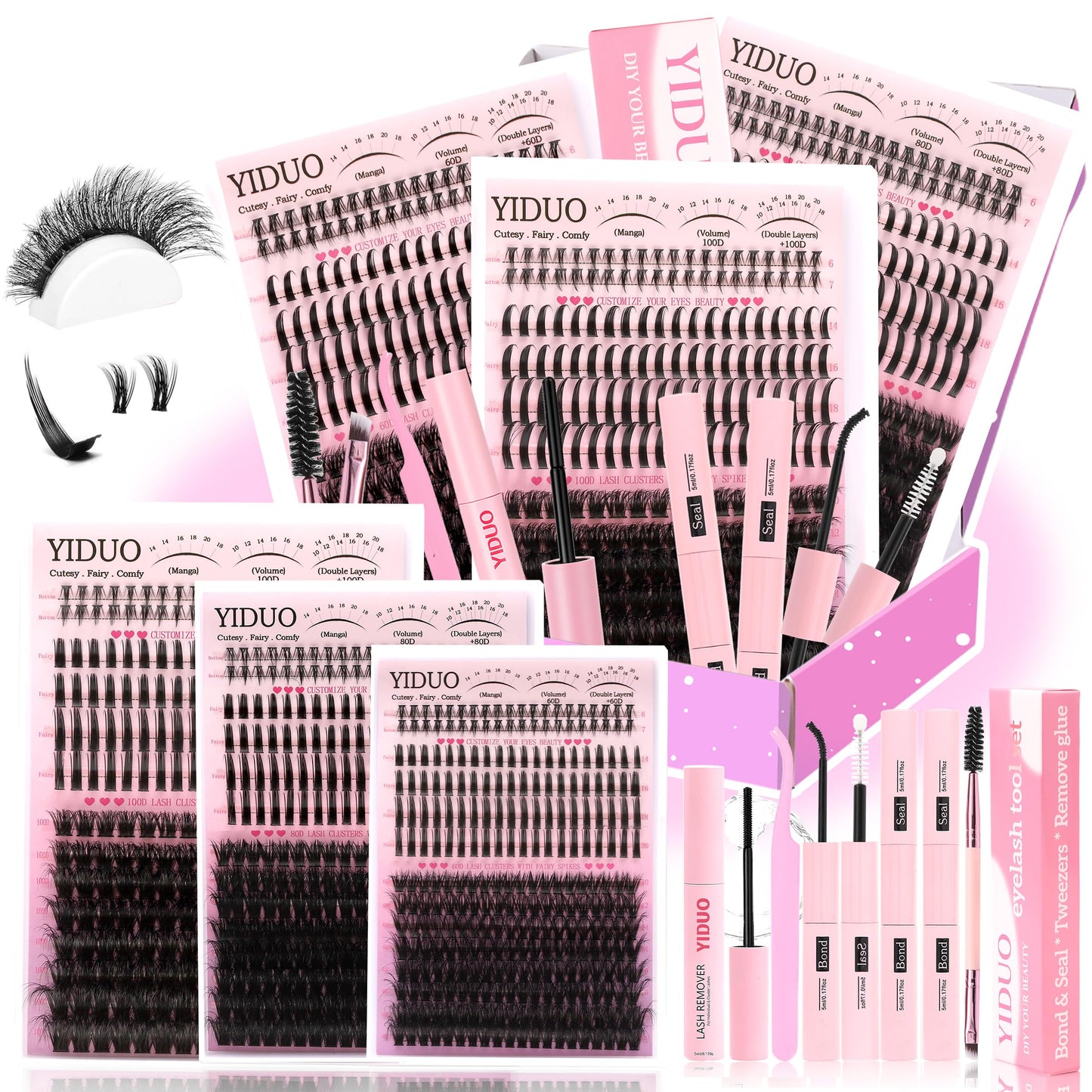 YIDUO 3 Styles Lash Clusters Kit with Spikes Bottom clusters Eyelash Extensions 808Pcs with 2X Bond&Seal 60D/80D/100D 3D Volume Wispy DIY Individual Lashes Large Pack for Beginners Choice