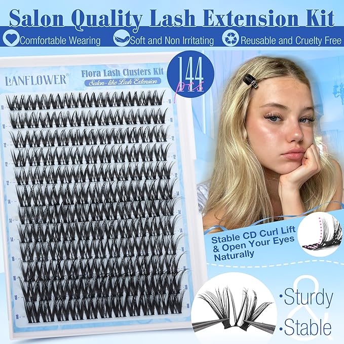 Flora Lash Clusters Kit Wispy Cluster Eyelash Extensions Natural Lash Extension Kit CD Curl Eyelash Clusters Kit Manga Cluster Lashes Thin Band Individual Lashes by Lanflower