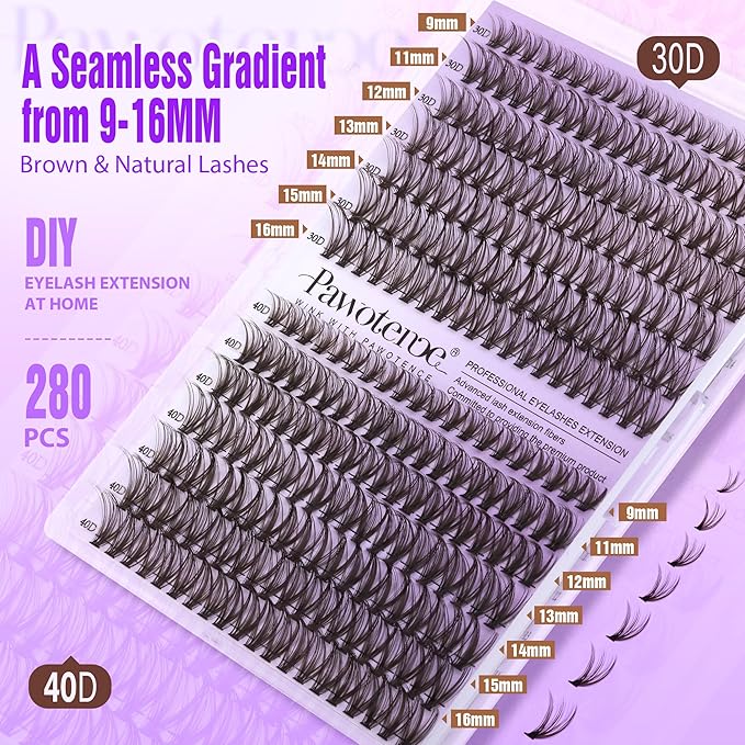 Pawotence Lash Extension Kit DIY 280pcs Brown Lash Clusters Eyelash Extension Kit 30D 40D 9-16mm Individual Lashes Kit with Lash Bond and Seal Lash Tweezers for Self Use (Brown 30D 40D, 9-16mm, Kit)