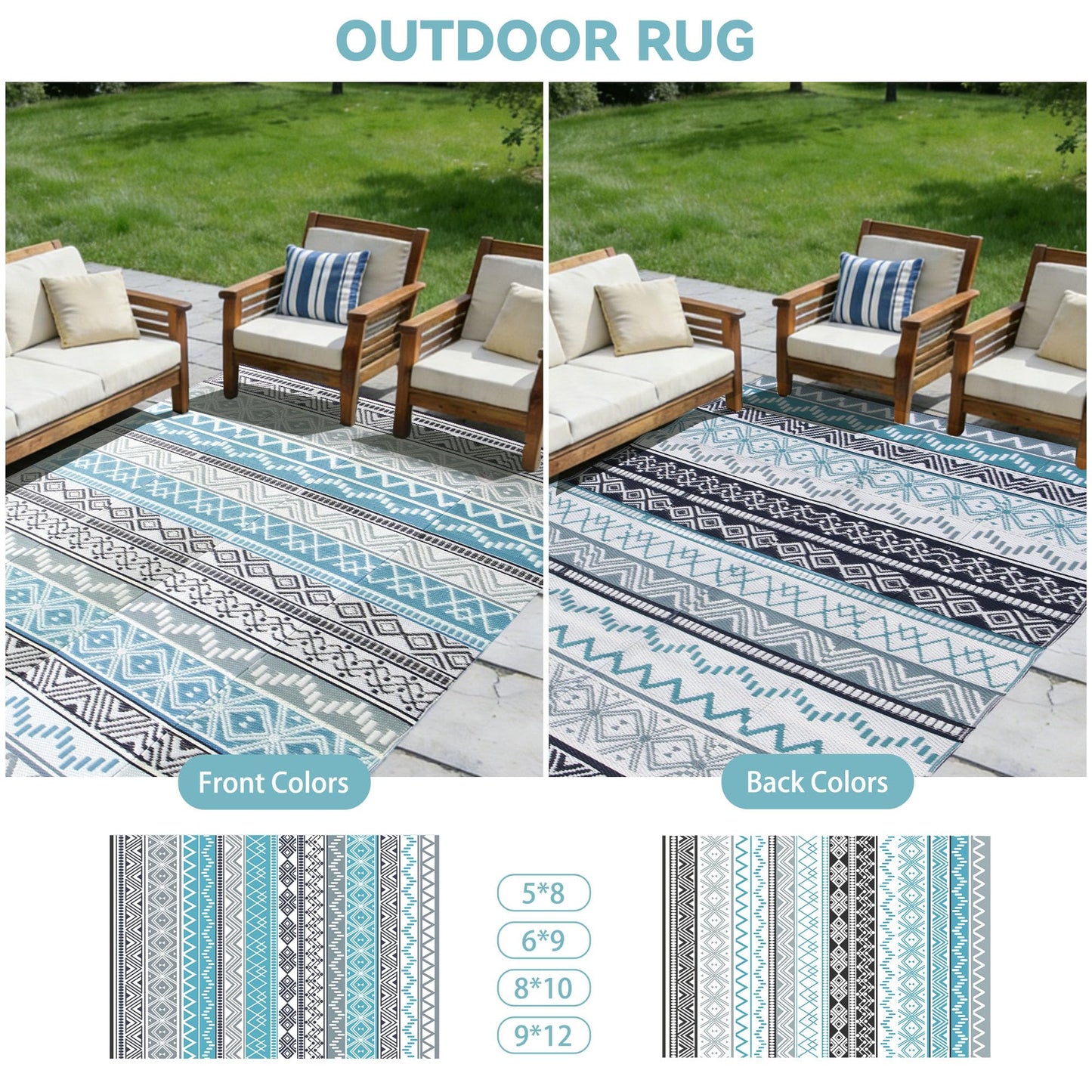 Strickland Home Outdoor Rug Waterproof 5 x 8 ft, Reversible Plastic Straw Rug for Patio, Large Outdoor Carpet for RV, Patio, Camping, Backyard, Deck, Picnic, Beach, Blue & Grey