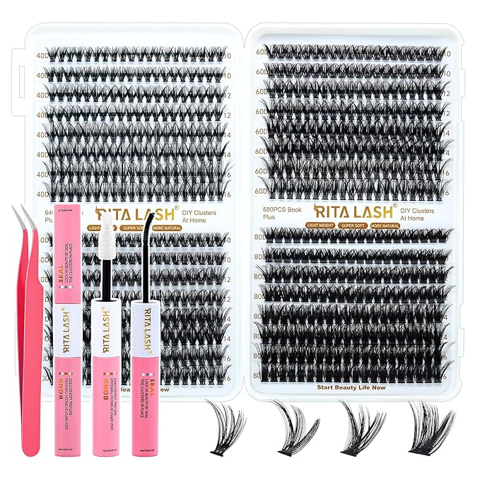 RITALASH Lash Extension Kit 40D+50D+60D+80D DIY Lash Clusters Kit 640pcs Cluster Lashes Individual Lashes Eyelash Extension Kit with Lash Bond and Seal,Lash Tweezers(40D+50D+60D+80D Kit,10-16mm Mixed)
